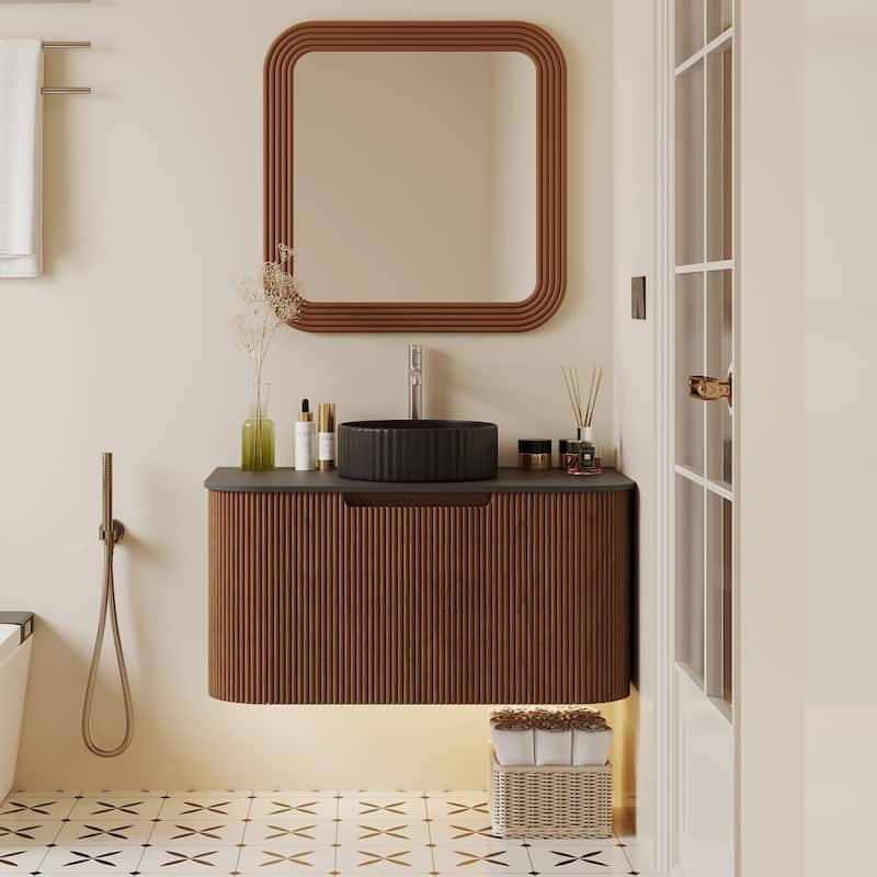 35.83'' Single Bathroom Vanity with Stone Top, Brown, 2 Drawers - Stainless Steel Finish/Wood Finish/Matte - Brown/Grey - Single Vanities