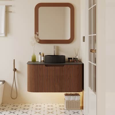 35.83'' Single Bathroom Vanity with Stone Top, Brown, 2 Drawers