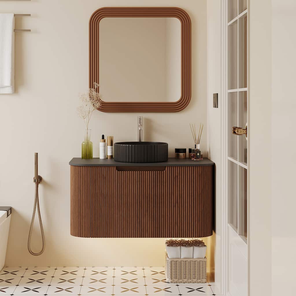 35.83'' Single Bathroom Vanity with Stone Top, Brown, 2 Drawers