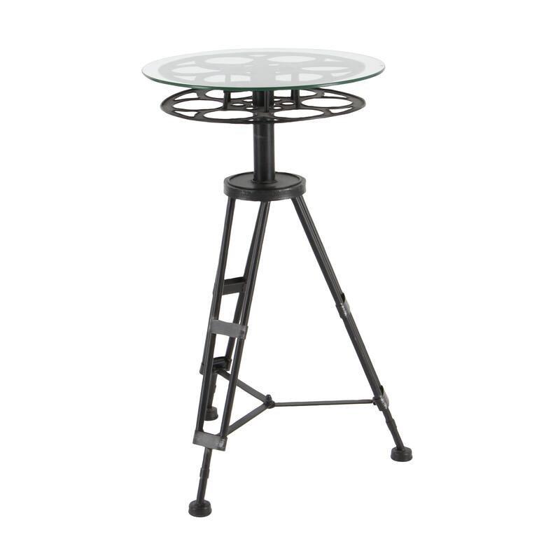 Metal Film Reel Accent Table with Tripod Legs and Glass Top - Black - Roche River Decor - 15"Wx15"Lx25"H