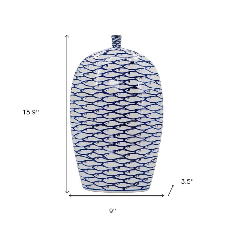 16" Blue And White Fish Print Oval Ceramic Table Vase - 11.80