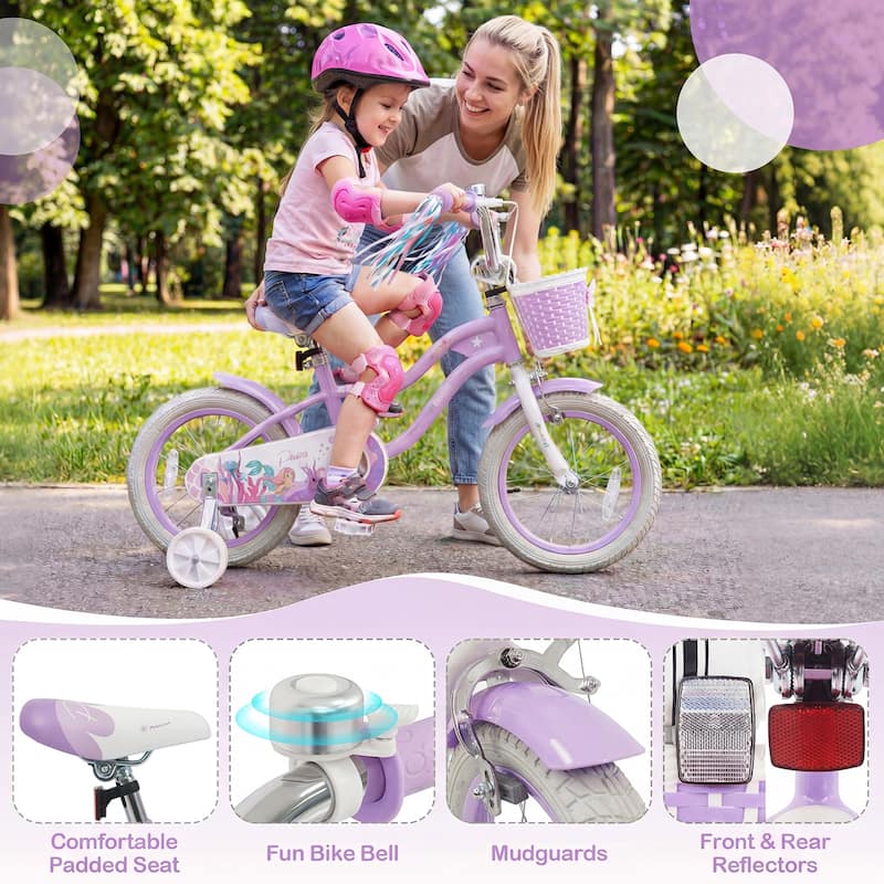 Gymax 14'' Kids Bike Toddler Bicycle w/ Training Wheels Hand & Coaster - Purple