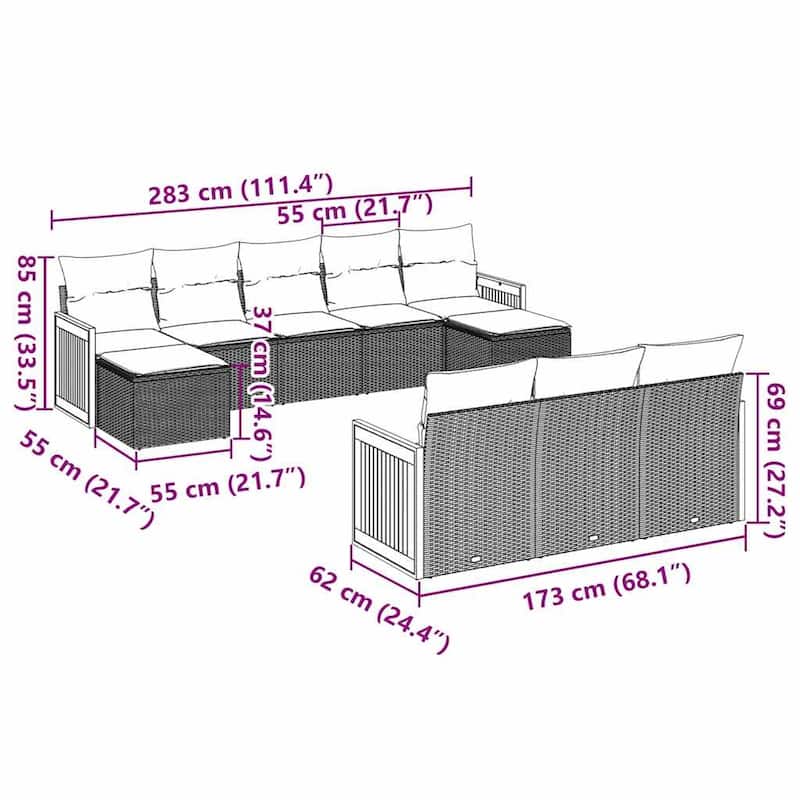 vidaXL Patio Sofa Set with Cushions Outdoor Conversation Furniture Poly Rattan - 21.7 x 21.7 x 14.6 in