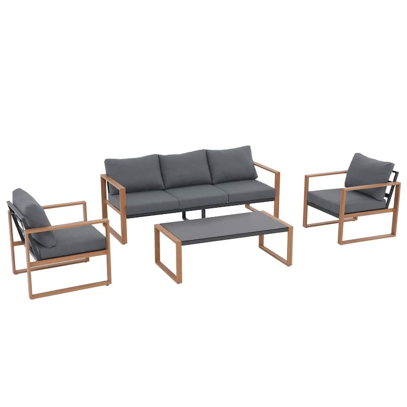 4-Piece 5 Person Patio Aluminum Grey Conversation Set With Cushions and Tempered Glass Table