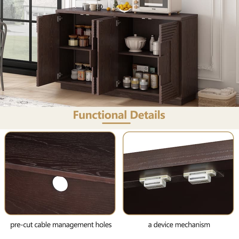 Coffee Bar Cabinet with Storage, Fluted Sideboard Cabinet with 4 Doors, Freestanding Buffet Table with Adjustable Shelves