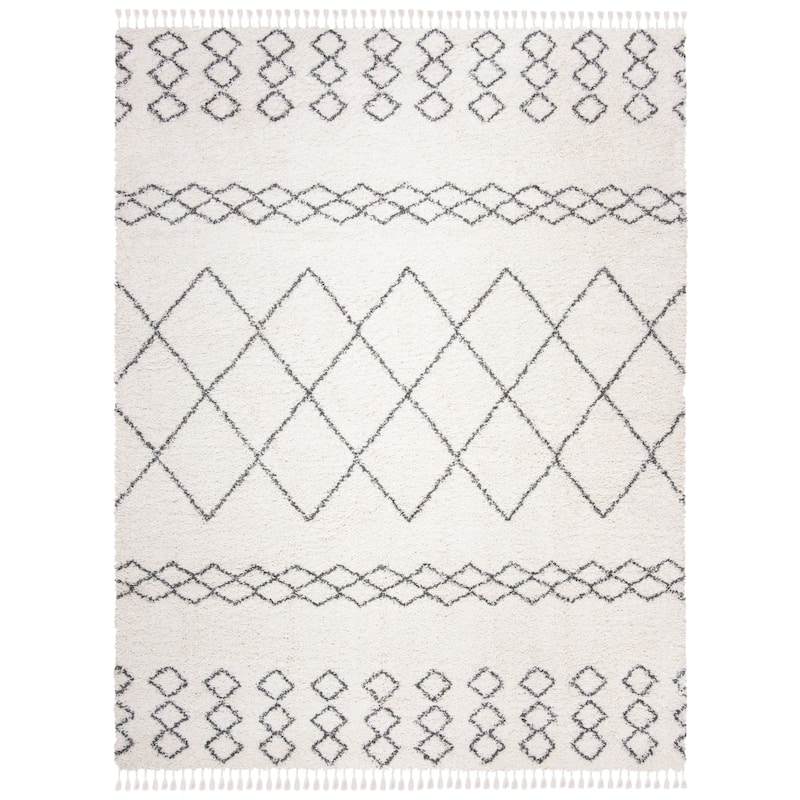 SAFAVIEH Moroccan Fringe Shag Lucyna 2-inch Thick Rug - Ivory/Grey - 8' x 10'