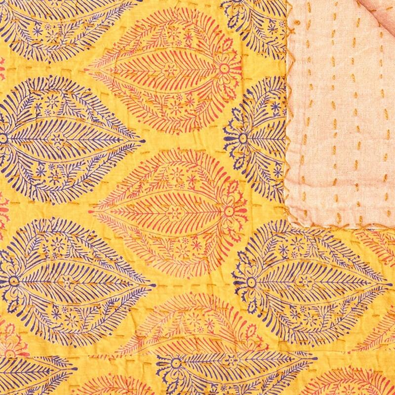 HomeRoots 50" X 70" Yellow and Peach Kantha Cotton Patchwork Throw Blanket with Embroidery