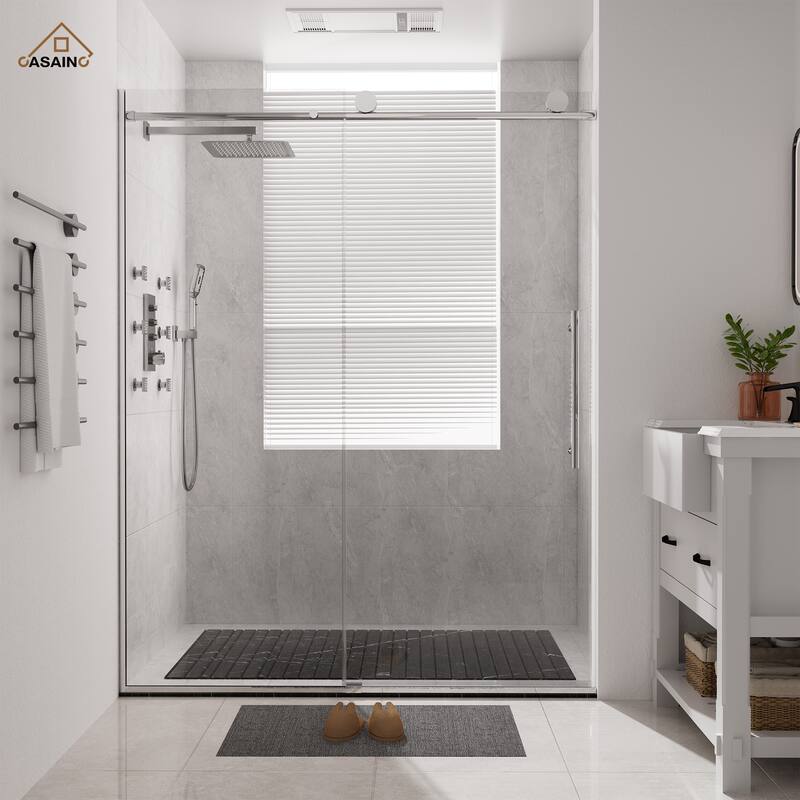 CASAINC 60 in. W x 76 in. H Sliding Frameless Shower Door with Tempered Glass - Silver
