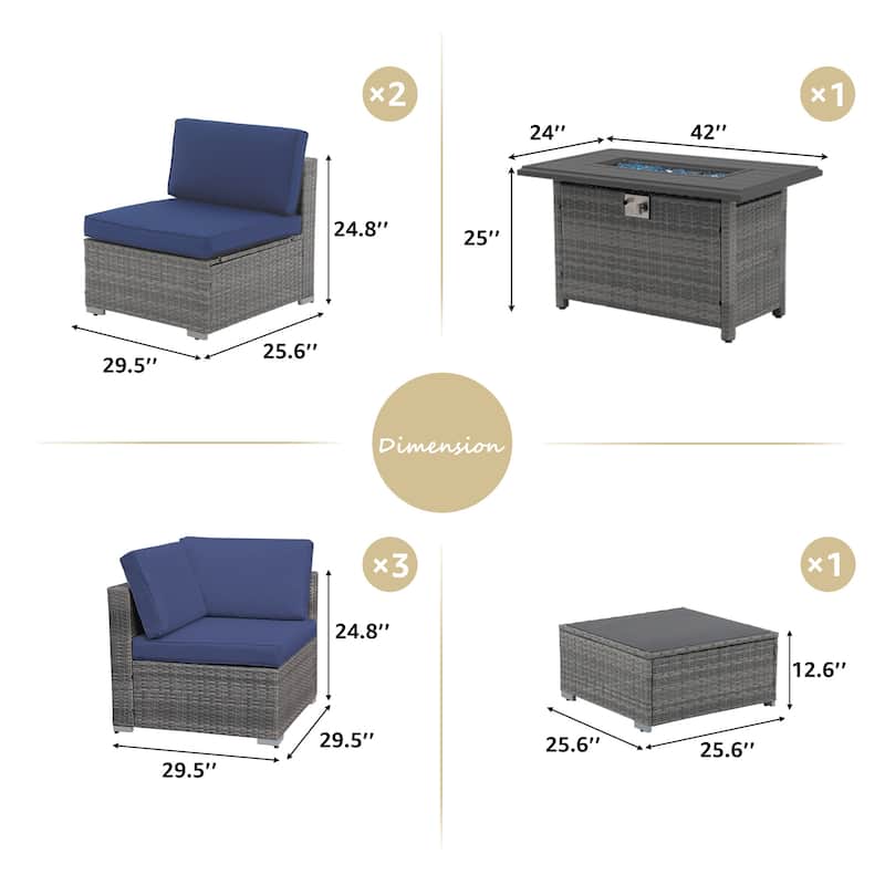 7 Piece Wicker Set Patio Sofa Furniture with Fire Pit And Table