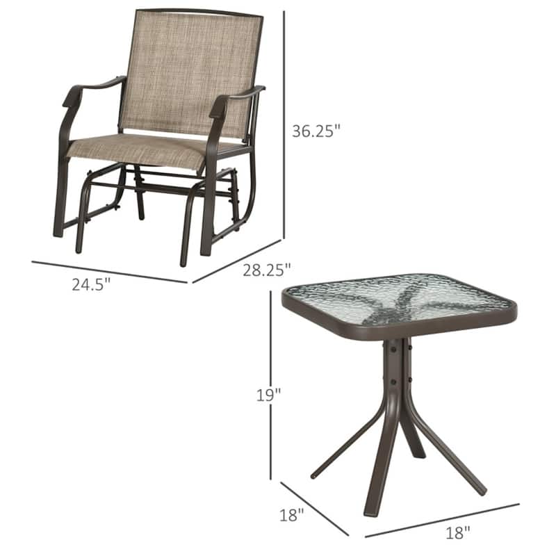 3 Piece Outdoor Glider Chair Set with Tempered Glass Table Powder Coated Steel Frame Breathable Mesh Seating