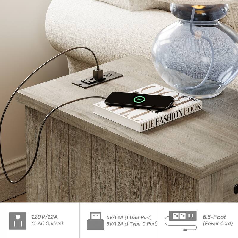End Table with Charging Station, Side Table with Storage, Power Outlets & Type-C USB Ports for Living Room
