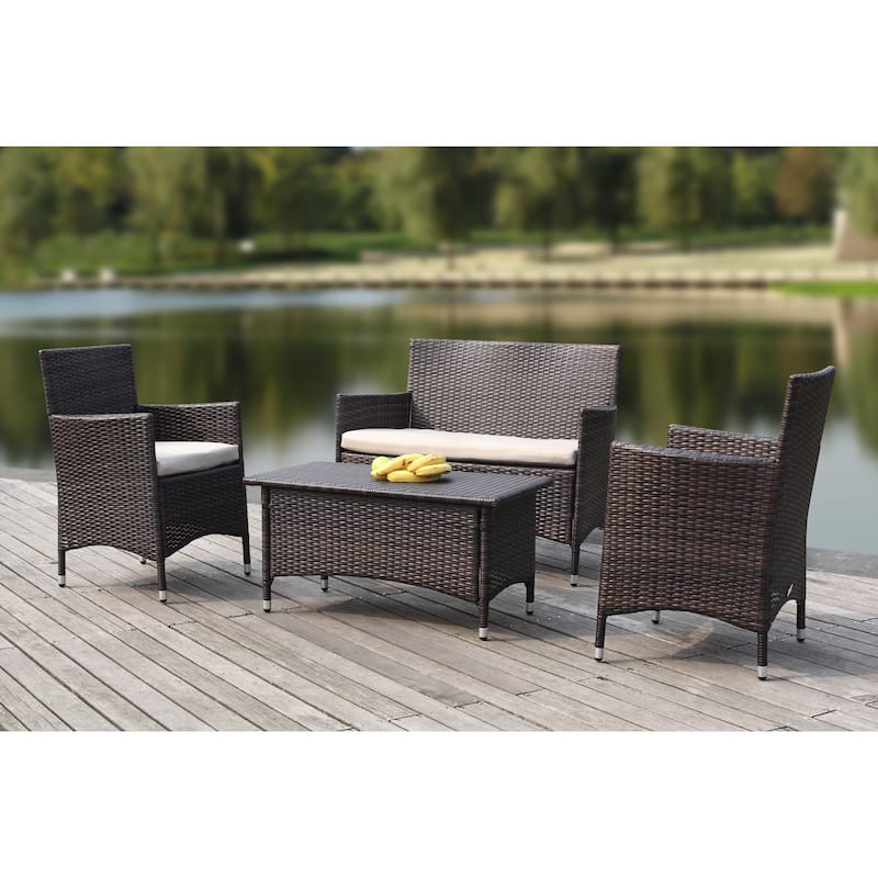 SAFAVIEH Outdoor Simka Brown/ Sand Patio Set (4-Piece) - 43W x 34D x 23H - Brown/Sand
