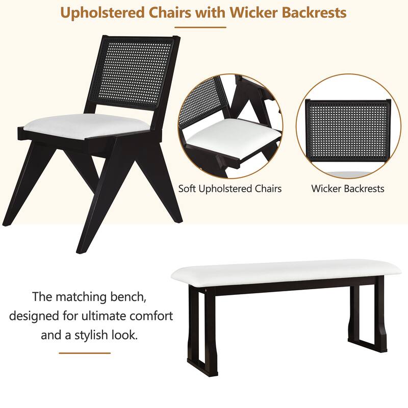 Roomfitters Modern 6-Piece 82.7" Extendable Dining Table Set with Wicker Back Chairs and Bench