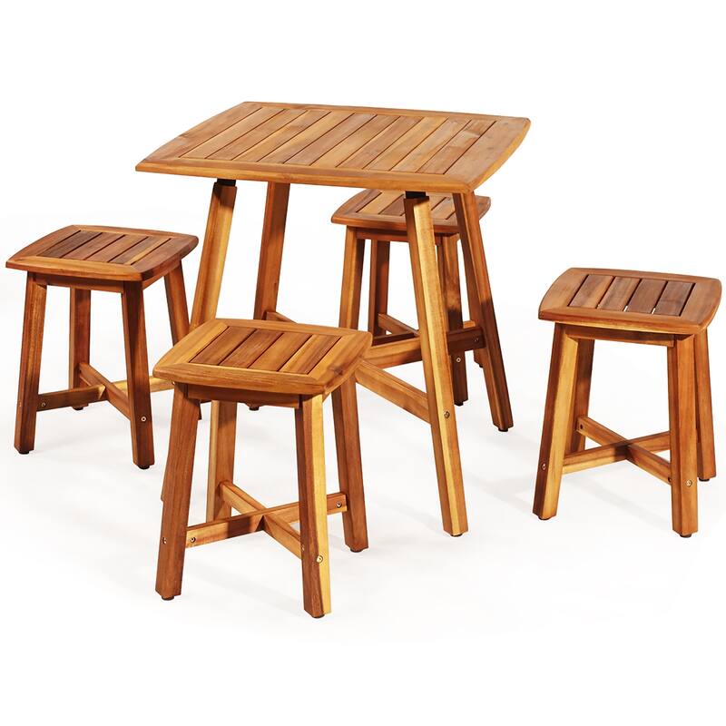 Costway 5PCS Acacia Patio Dining Set W/Square Table & 4 Stools Reddish