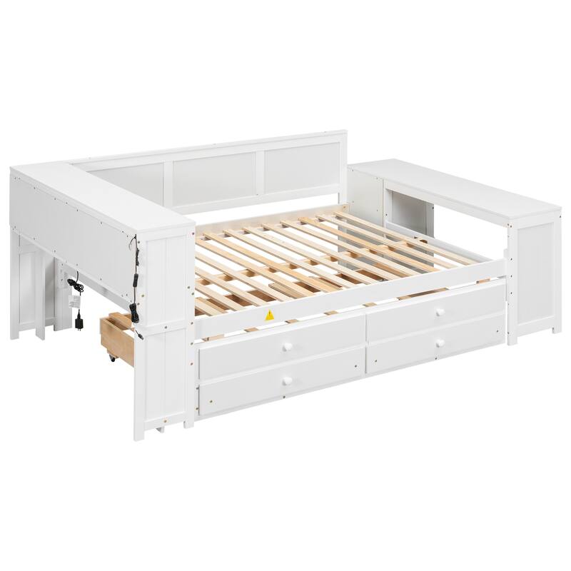 Bookcase Storage Bed, Full Size Daybed with Storage Shelves, Drawers, Trundle, Charging Station, Light, Desk and Cabinet