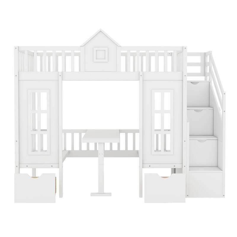 Twin-Over-Twin Bunk Bed with Changeable Table, Bunk Bed Turn into Upper Bed and Down Desk-White
