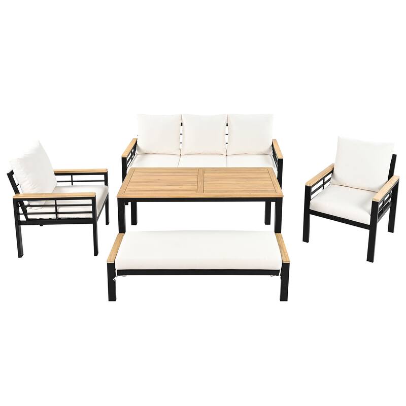 5-Piece Outdoor Seating Set with Armchairs, Bench & Acacia Wood Table, Patio Conversation Furniture with Cushions & Pillows
