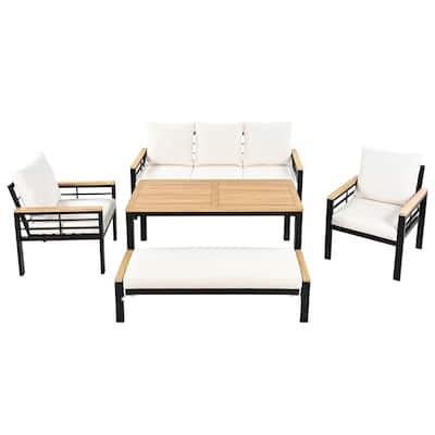 5 Pieces Outdoor Conversation Furniture Set Metal and Acacia Wood Patio Sofa Set with Table and Removable Cushions
