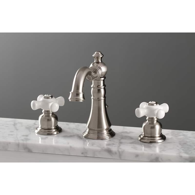 Kingston Brass American Classic Two-Handle 3-Hole Deck Mount Widespread Bathroom Faucet with Pop-Up Drain