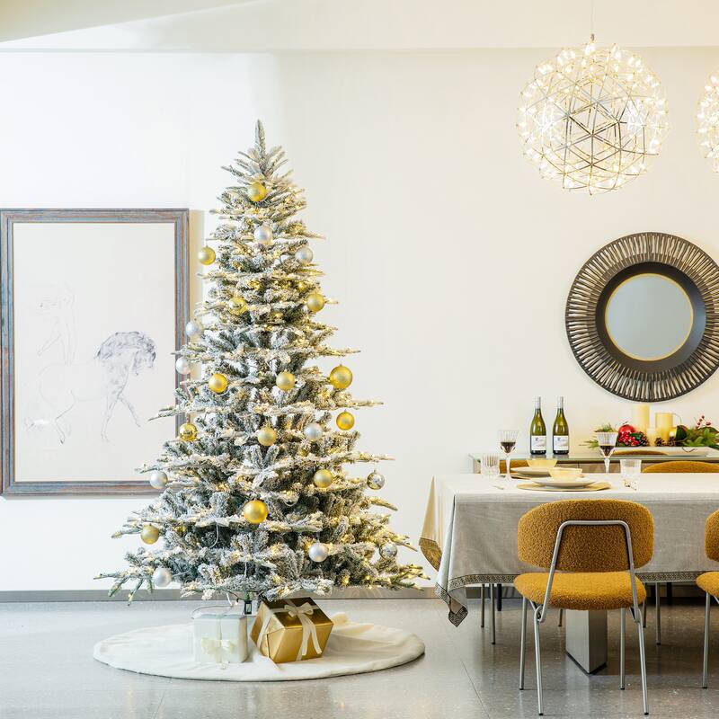 Glitzhome 8FT/10FT Pre-Lit Flocked Fir Artificial Christmas Tree with Warm White Lights