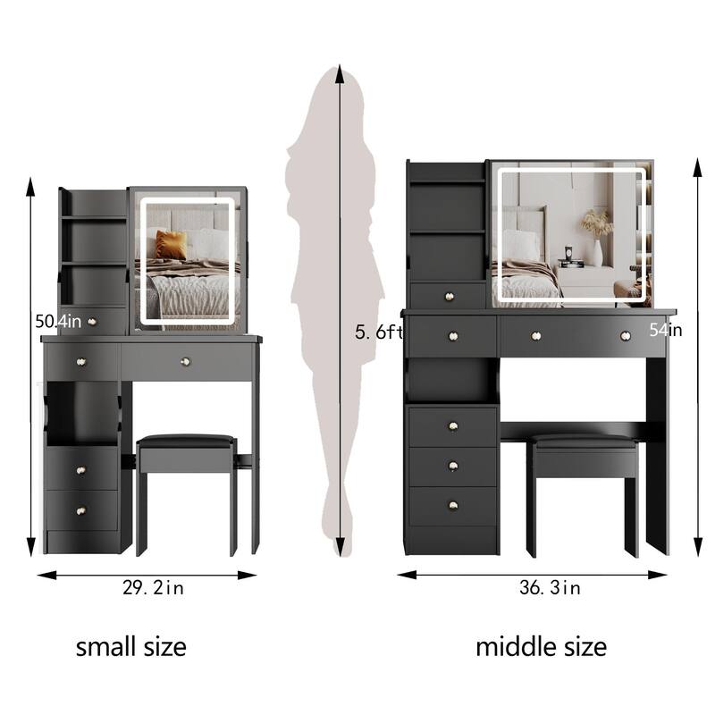 29.2'' Small Vanity Table with LED Tri-Color Mirror, Drawer & Cushioned Stool, Space-Saving Makeup Desk for Small Rooms