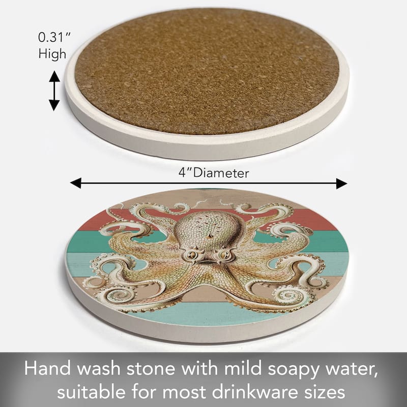 Octopus 4 Pack Absorbent Stone Coaster with Protective Cork Backing Made in The USA 4" Round, Easily Wipes Clean