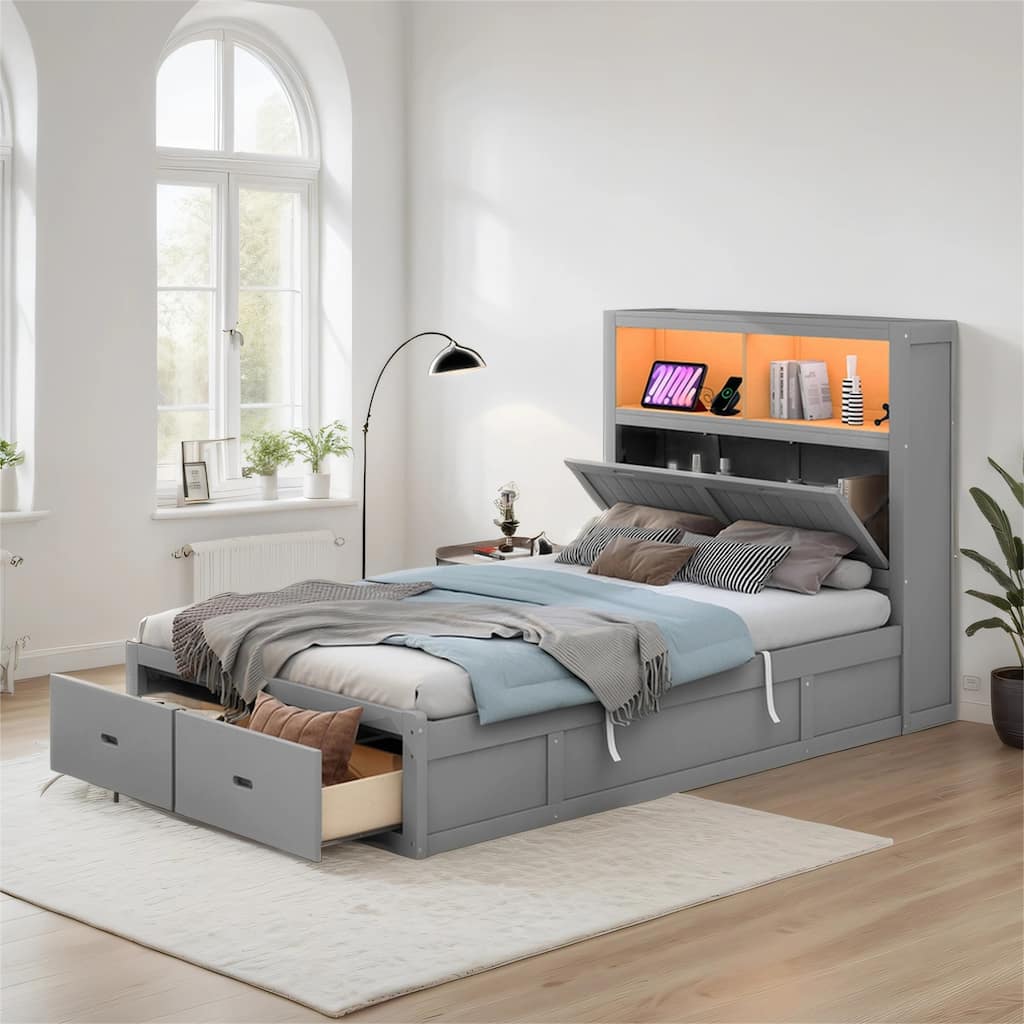 Wood FullSize Hydraulic Platform Bed w/LED Headboard, Charging Station