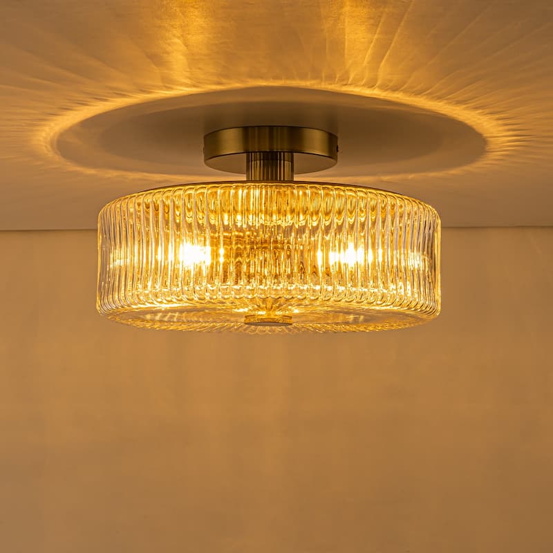 3-Light Modern Gold Dome Semi Flush Mount Lights with Ribbed Glass Shape - Brass