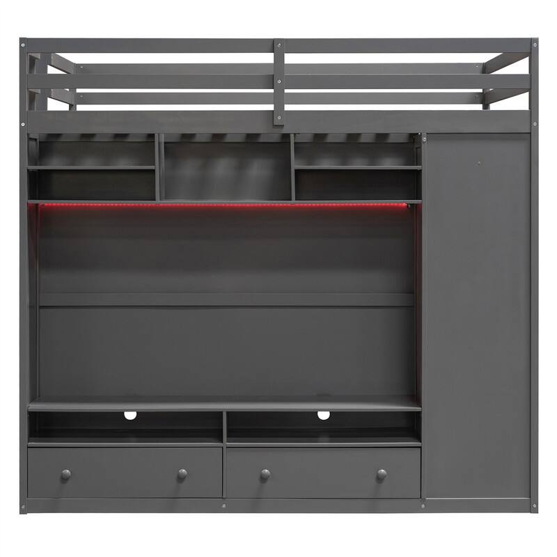 Full Size Loft Bed with LED Light, Wardrobe and 2 Storage Drawers, Solid Wood Loft Bedframe with Open Storage Shelves