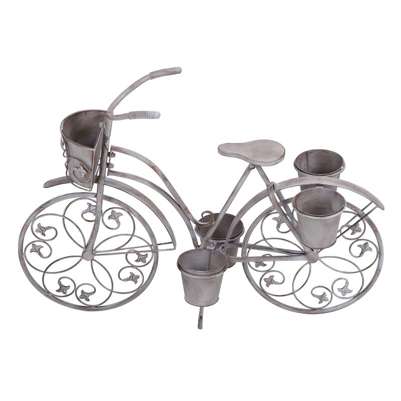 Gray Metal Distressed Indoor Outdoor Scroll 3 Tier Bike Indoor Outdoor Plantstand with Fleur De Lis Wheels