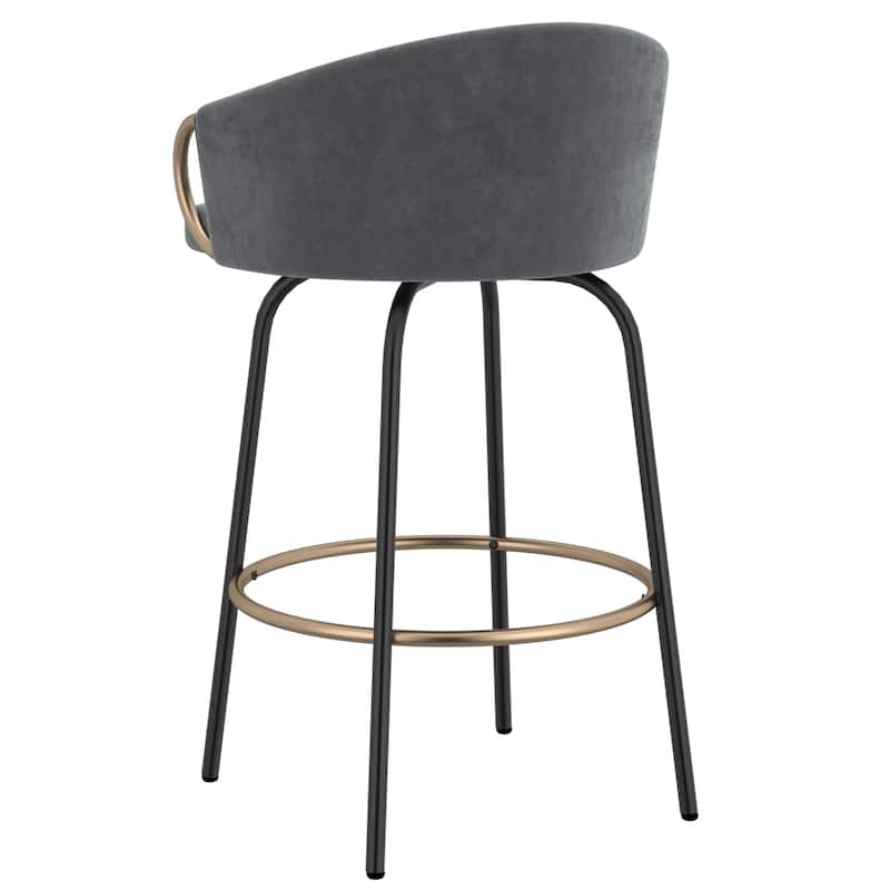 Contemporary Velvet and Metal 26" Counter Stool, Set of 4 - Grey and Black and Gold
