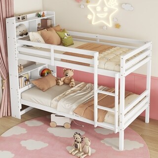 Twin Over Twin Bunk Bed with Bookcase Headboard, Guardrails and Ladder, Convertible to 2 Twin Beds with Shelves for Multi Childs