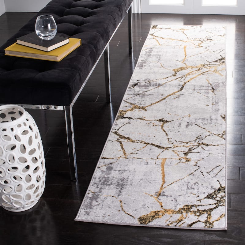 SAFAVIEH Amelia Fietje Modern Abstract Distressed Rug - 2' x 8' Runner - Grey/Gold - Runner