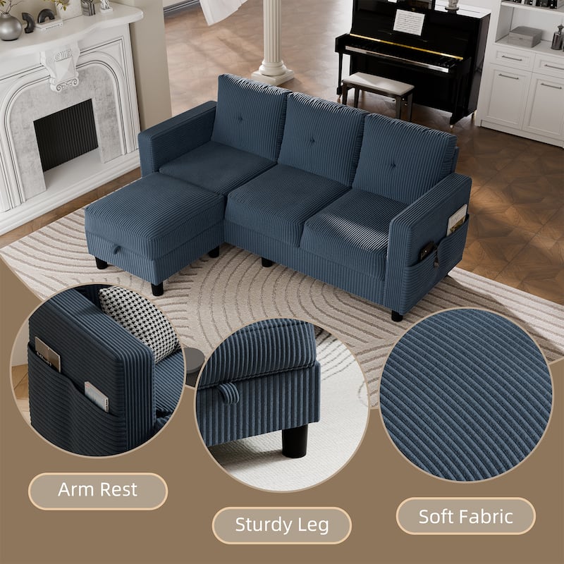 Futzca Modern Living Room Sofa Couch with Movable Ottoman & Extra Storage