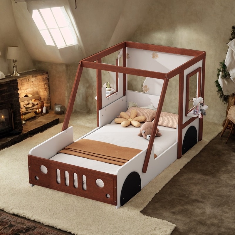Twin Size Car Bed Kids Platform Bed Car Shaped for Kids Boys Girls Teens White Orange