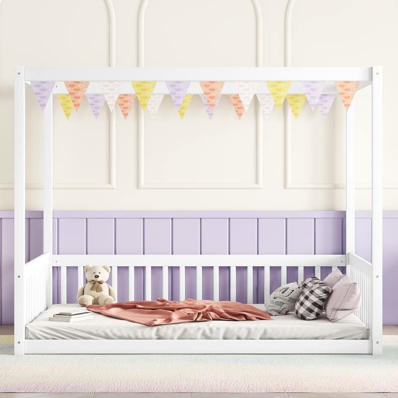 Canopy Frame Floor Bed with Fence and Guardrails,Twin/Full - White - Full