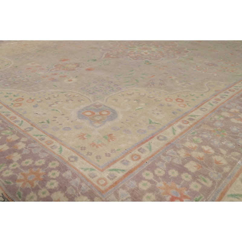 Distressed Brown Tabriz Persian Area Rug Hand-Knotted Wool Carpet - 9'8"x 12'11"