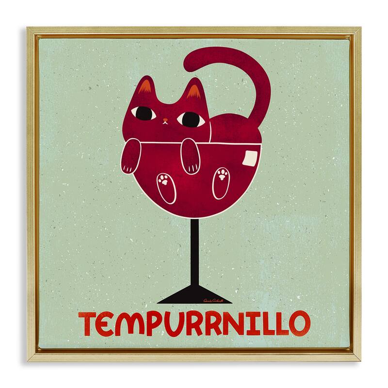 Stupell Tempurrnillo Cat Wine Framed Floater Canvas Wall Art Design By Carrie Cantwell - 18 x 18 - Gold