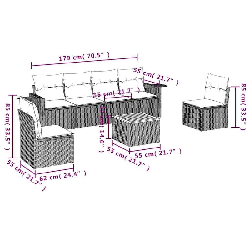 vidaXL 7 Piece Patio Sofa Set with Cushions Black Poly Rattan - 21.7" x 24.4" x 27.2"