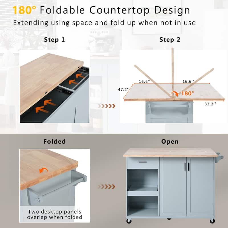 Kitchen Island with Foldable Counter Top, Kitchen Storage cart with Slide-Out Shelf, Towel Rack and Drawer
