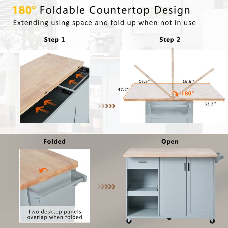 Space-Saving Kitchen Island with Foldable Countertop, Rolling Cart on Wheels, Towel Rack, Drawer & Slide-Out Shelf