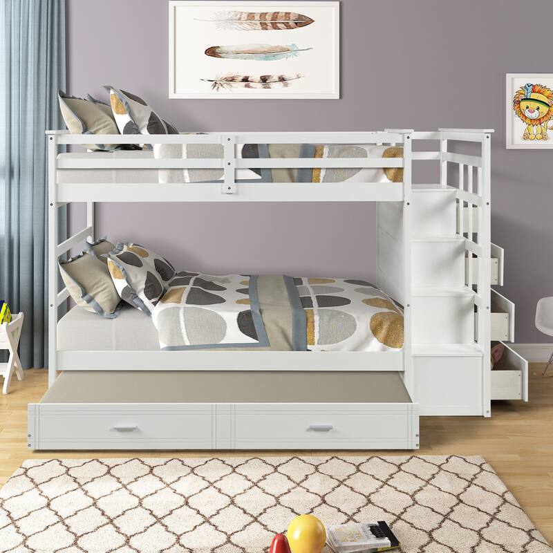 Twin Over Twin Bunk Bed with Trundle and Staircase