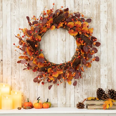 Glitzhome 22"D Fall Eucalyptus Berry Wreath with Hanger Thanksgiving Decor
