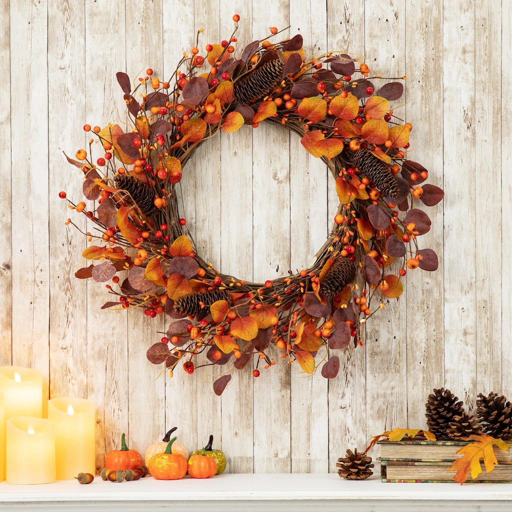 Glitzhome 22"D Fall Eucalyptus Berry Wreath with Hanger Thanksgiving Decor