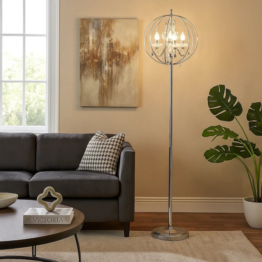 Shine 61 Inch Floor Lamp, Chandelier Style, Crystal and Metal, Chrome