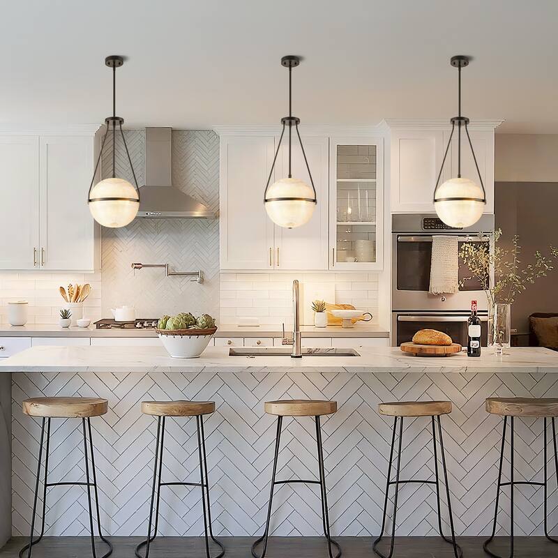 3-Light 13.78" Black/Gold Mid-Century Modern Grid Glass Globe Bubble Pendant Light Kitchen Island Lighting