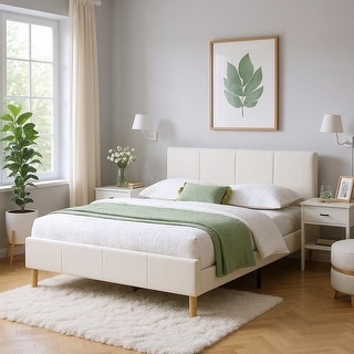 Upholstered Platform Bed Frame, Soft Headboard, Wood Support, Grey or White