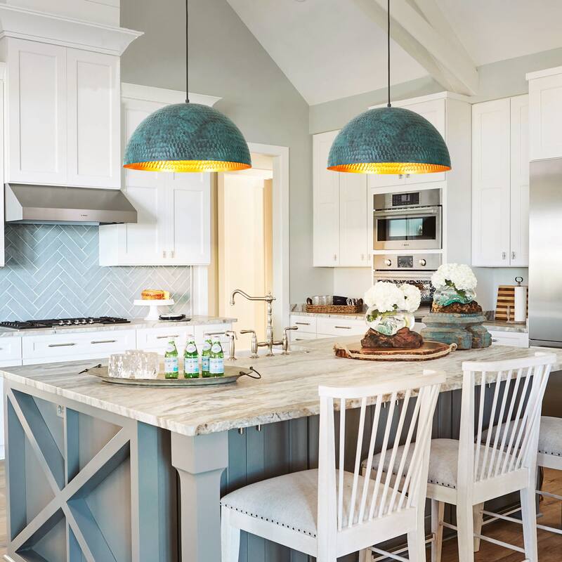 19.7" 1-Light Modern Industrial Black/Green Hand-Hammered Iron Dome Pendant Light for Dining Room