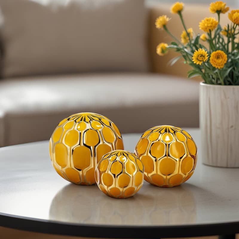 Accented Abstract Modern Coastal Decorative Orbs Set of 3 - 6" x 6" x 6" - Geometric Gold