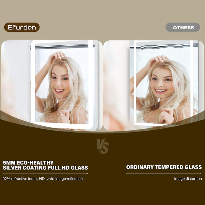 Silver Glass LED Vanity Mirror with Defog, Dimmable Lights and Memory - 36" W x 28" H